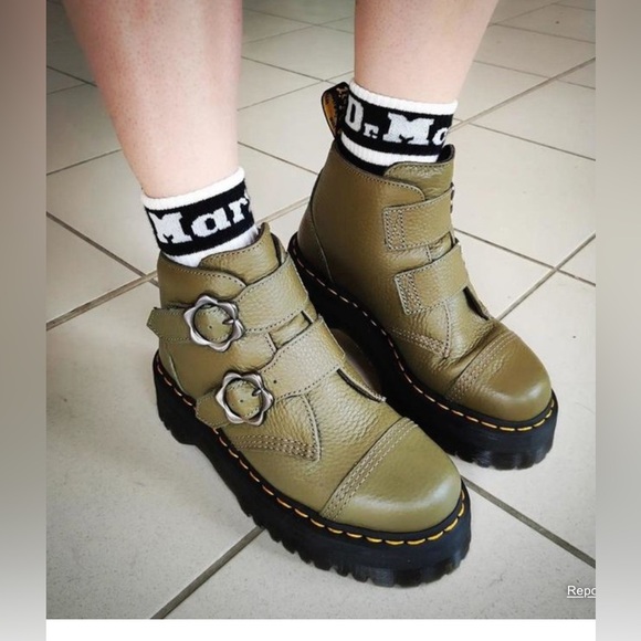 Dr. Martens Shoes - Dr Martens DEVON FLOWER BUCKLE PLATFORM MSRP$240 in Khaki Green RARE FIND COLOR